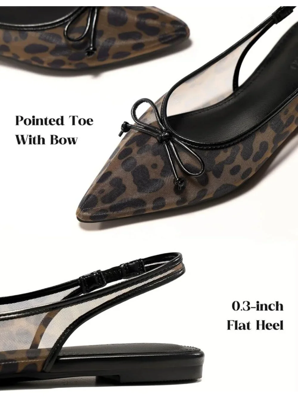 〽️Women's Leopard Slingback Flats Bow Closed Pointed Toe Low Heel Sandals Shoes